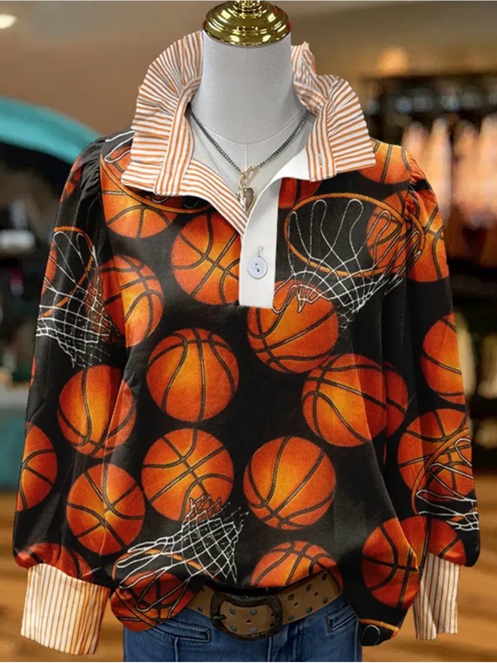 Basketball Print Ruffle Collar Blouse | Size Small NWOT